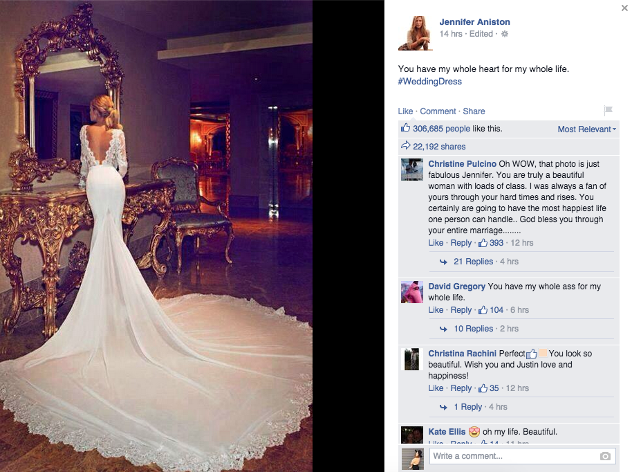 Jennifer Aniston's 'wedding dress' sends the into