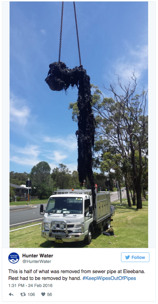 Socalled flushable wet wipes are creating “fatbergs” and clogging